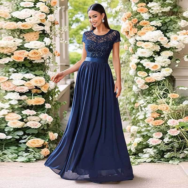 Cross-Border Amazon Fashion Banquet Dress Elegant European and American Bridesmaid Dress Wedding V-neck Short Lace Chiffon Dress