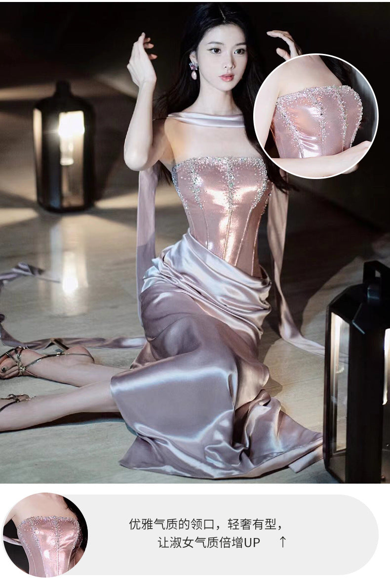 Pink Toast Clothing Morning Gowns 2024 New High Sense Banquet Temperament Host Tube Top Bride Engagement Formal Dress Female