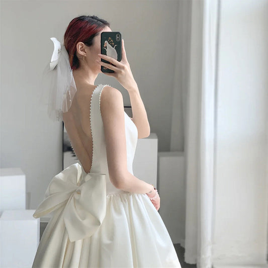 Simple Sleeveless Light Wedding Dress 2024 New Autumn Satin Long Dress Student Graduation Trip Shoot License Evening Dress