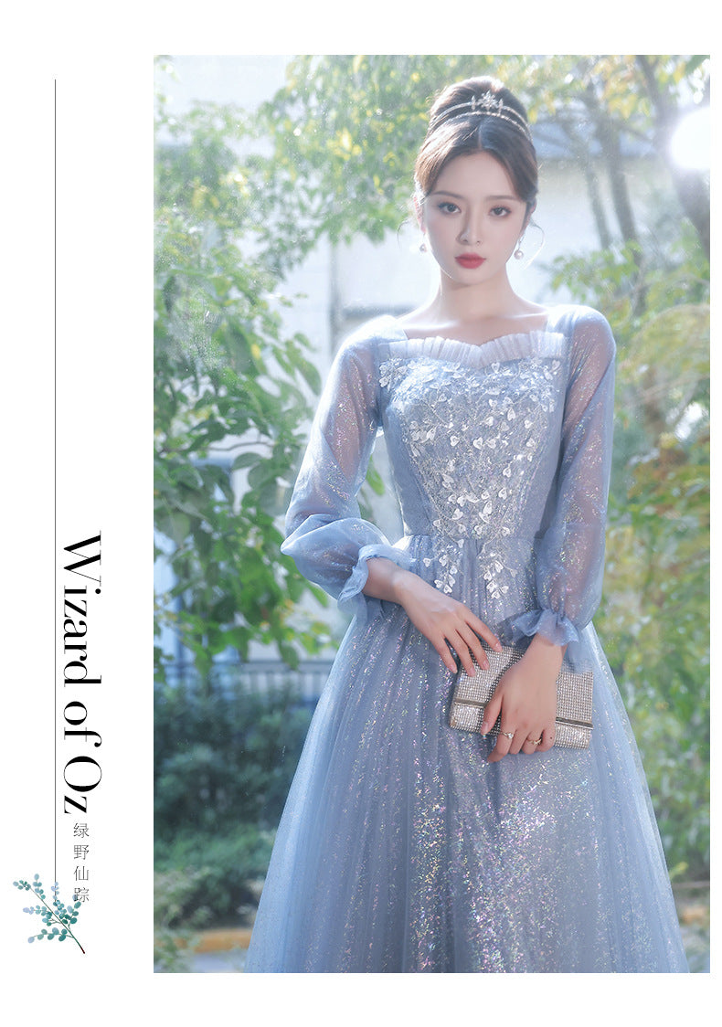 Blue Evening Dress for Women 2023 New High-Grade Banquet Temperament Long Sleeve Light Luxury Minority High-End Performance Art Exam Dress