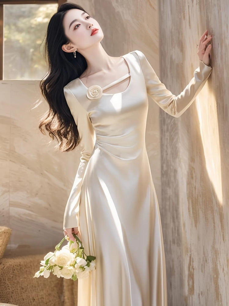 Formal Occasions Elegant White Satin Dress Autumn Wear French High-End Exquisite Classic Style Waist-Slimming Long Dress