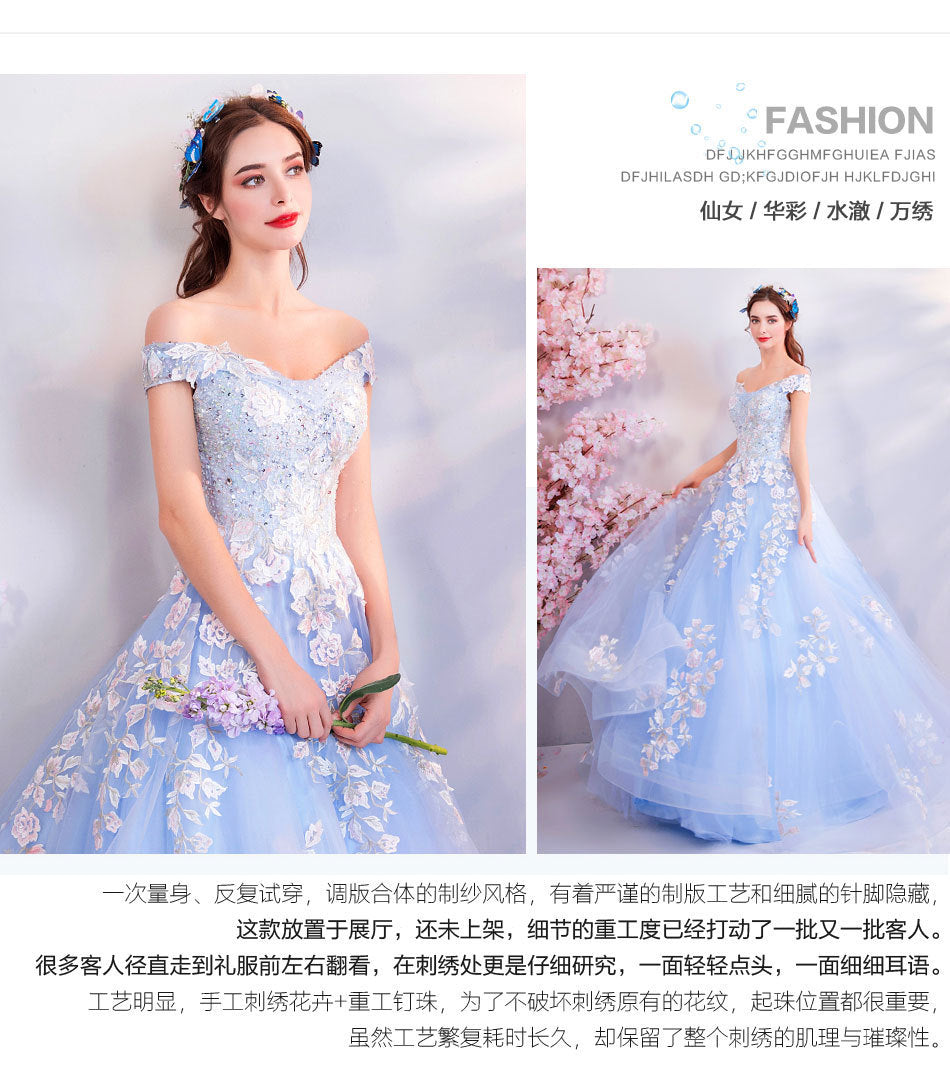 Super Fairy Wedding Dress 2024 Autumn Blue Flower Art Exam Catwalk Fashion Trend Foreign Trade Banquet Evening Dress for Women