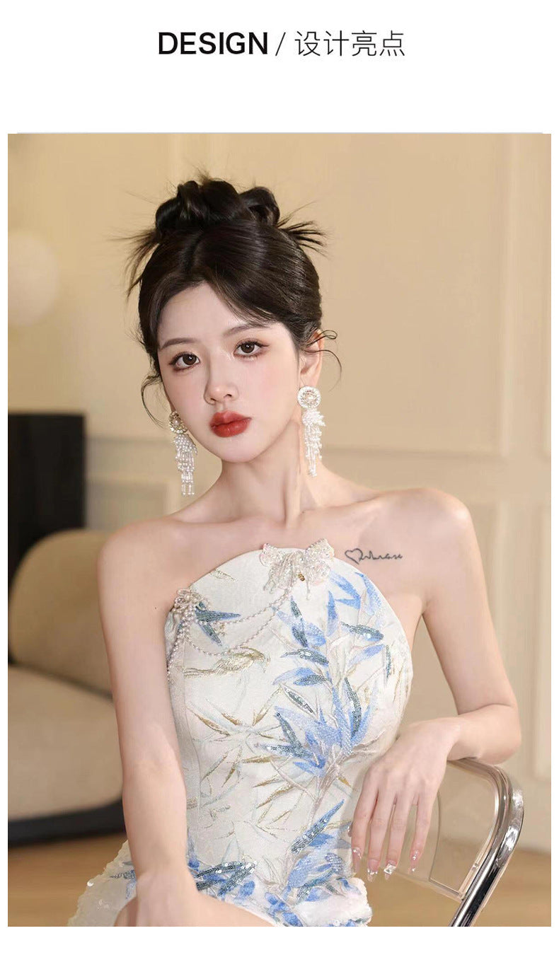 New Chinese Style Cheongsam Banquet Evening Dress Dress Women 2024 New High Sense Bride Engagement Toast Clothing Morning Gowns