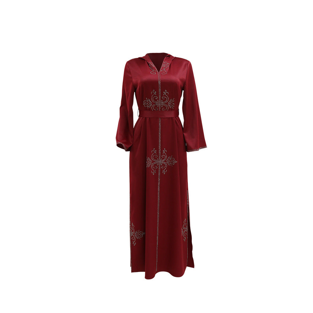 Xqy500157 Middle East Abaya Ethnic Style Dress Hooded Robe Fashion Diamond-Embedded Slits Lower Hem Dress