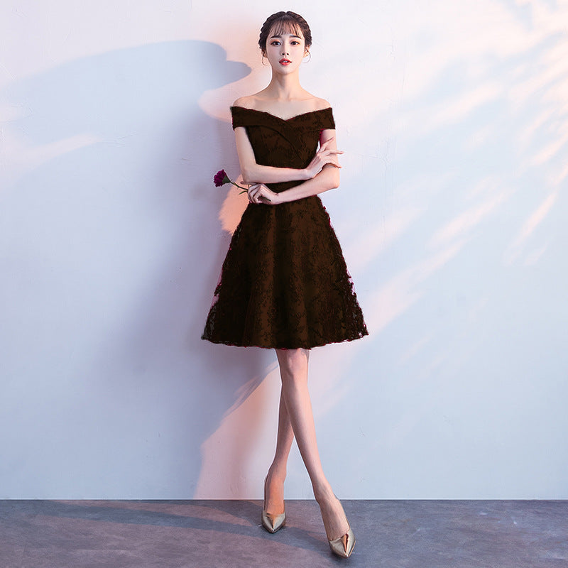 2024 New Summer Red Lace Off-Shoulder Long Slimming Wedding Evening Dress for Bride