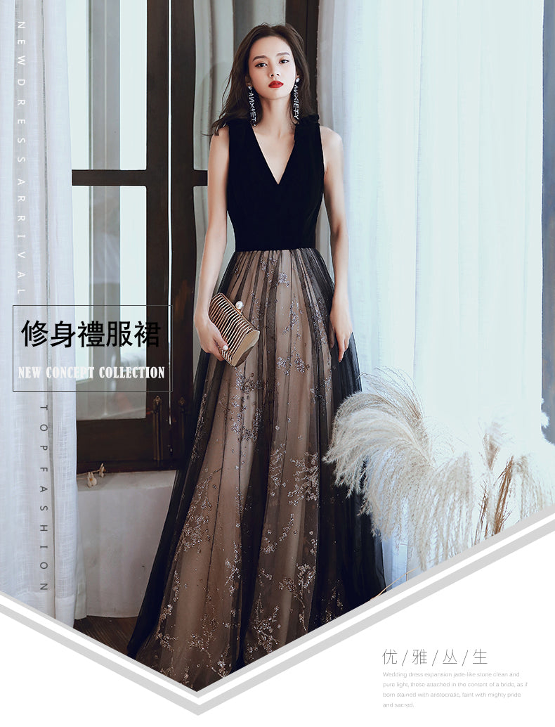 Annual Party Evening Dress Women's Banquet Temperament Dress Black Long Host Velvet V-neck Elegant Lace