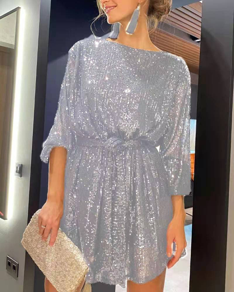 European and American Independent Station round Neck Tied Festival Party Bling Beaded Dress Elegant Sequin Formal Dress