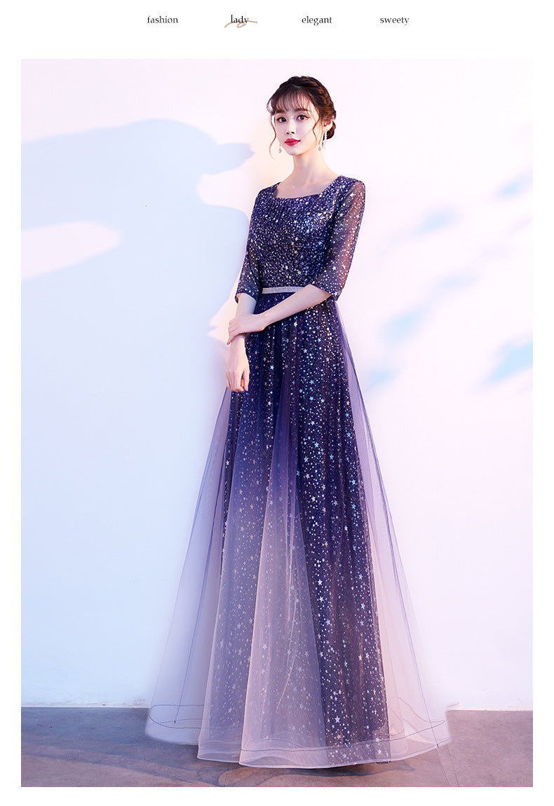 Starry Evening Dress Female Banquet Temperament Daily Style Square Collar Host Chorus Costume Summer Student