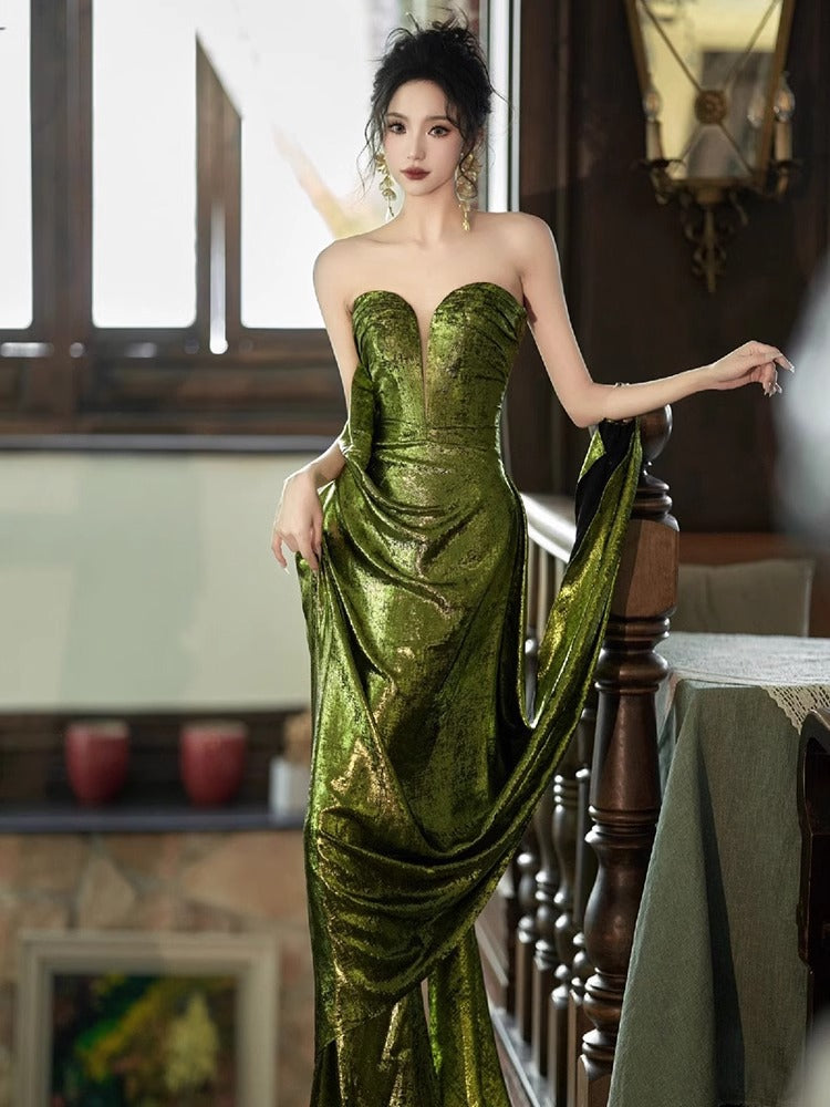 Green Tube Top Morning Gowns Fishtail Sequins Toast Dress Bride Marriage Engagement Sexy Backless Evening Dress Birthday Banquet