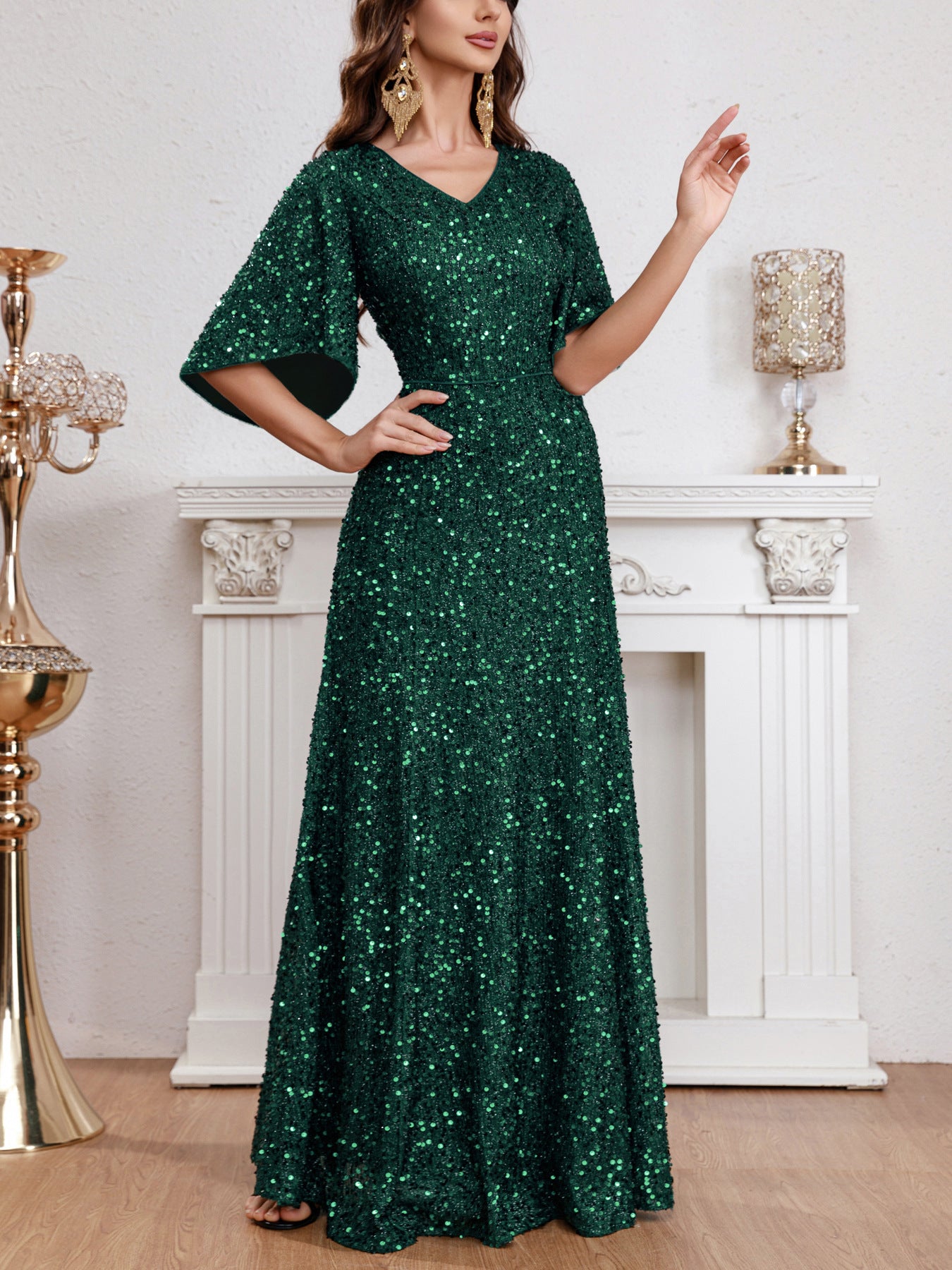 2024 Spring and Summer Cross-Border Independent Station New Fashion V-neck Sequins European and American Style Dress Mid-Waist Short-Sleeved Evening Dress