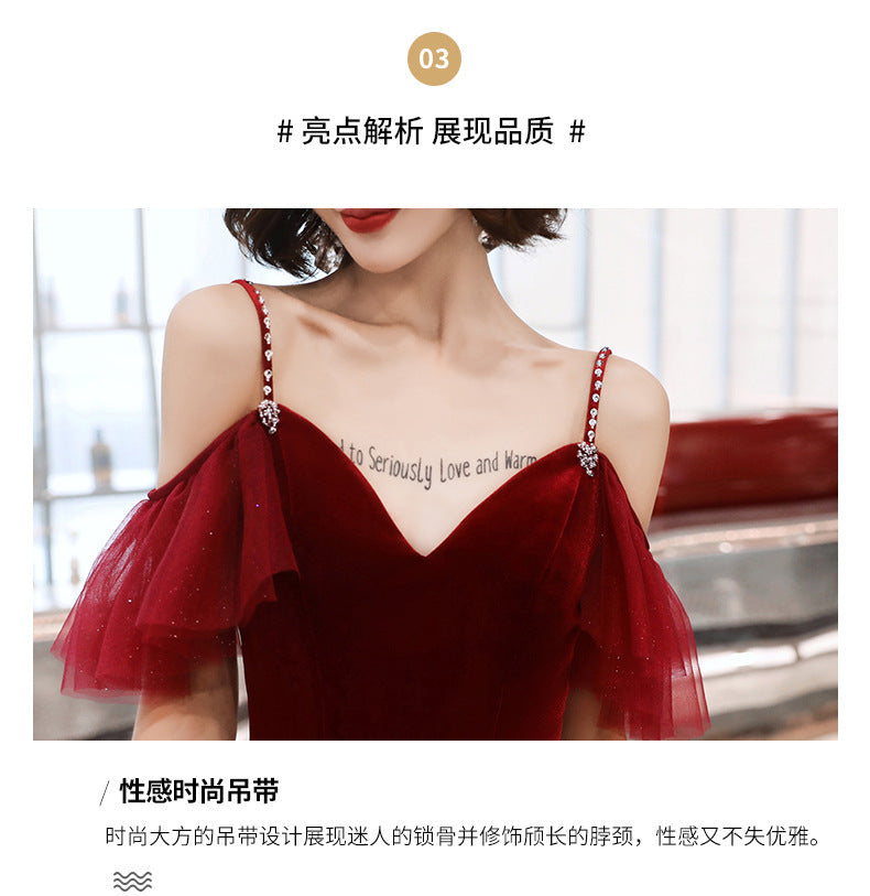 Toast Dress Bride Wine Red Dress Slimming Temperament 2022 New Banquet Strap Handmade Marriage Engagement Dress