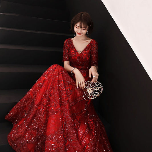 Toast Dress Bride Wedding Evening Dress Temperament Red Engagement Banquet Host Dress Women's Autumn Evening Dress