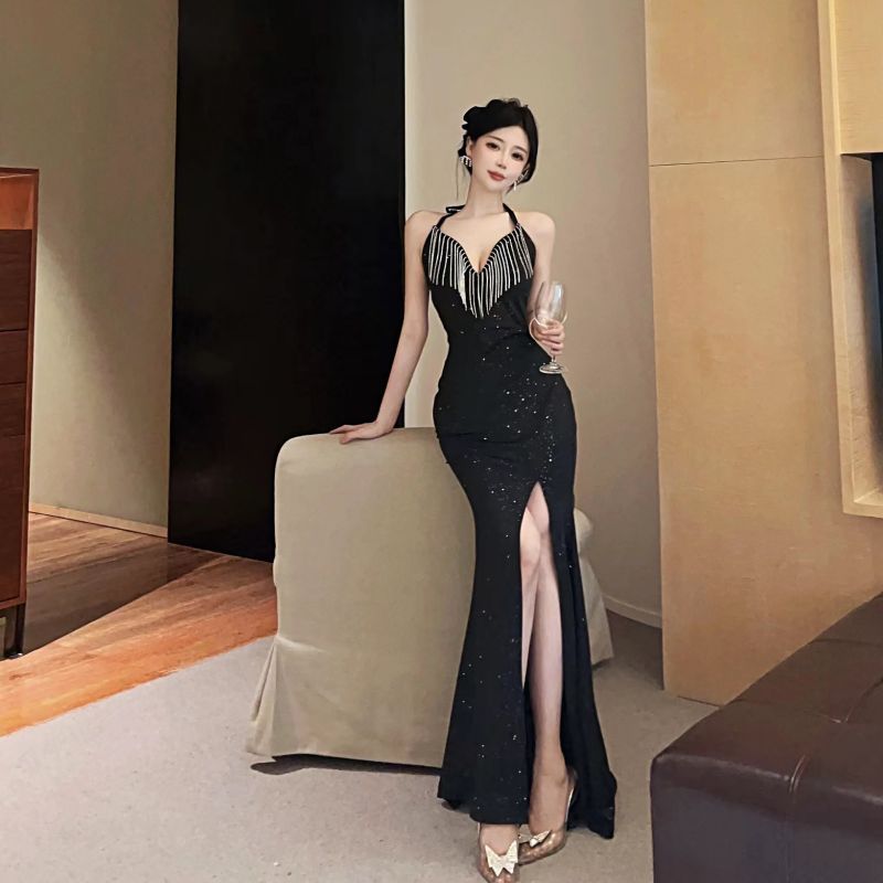 28654 Europe and America Southeast Asia Foreign Trade Wholesale 2024 Women's Clothing Socialite Heavy Industry Dress High Waist Slit Dress