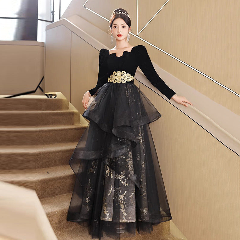 Black Evening Dress Women's High-Grade 2024 Light Luxury Minority High-End New Banquet French Summer Host Art Exam Dress