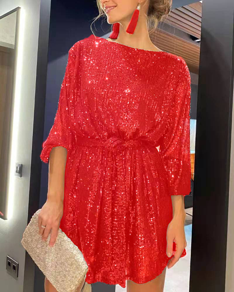 European and American Independent Station round Neck Tied Festival Party Bling Beaded Dress Elegant Sequin Formal Dress