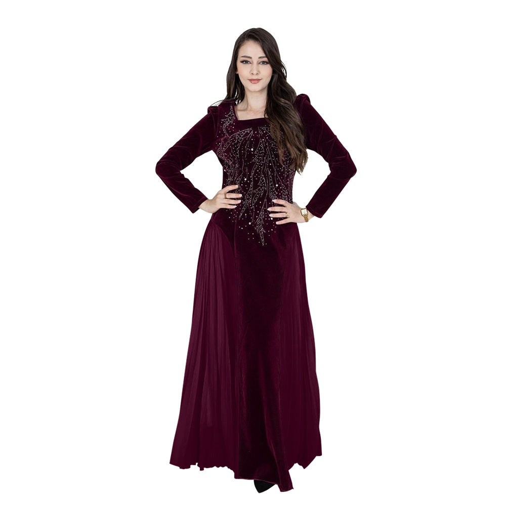 Xqy500222 Dubai Arabic Muslim Korean Velvet Chiffon Stitching Rhinestone Evening Dress Jalabia Women's Dress