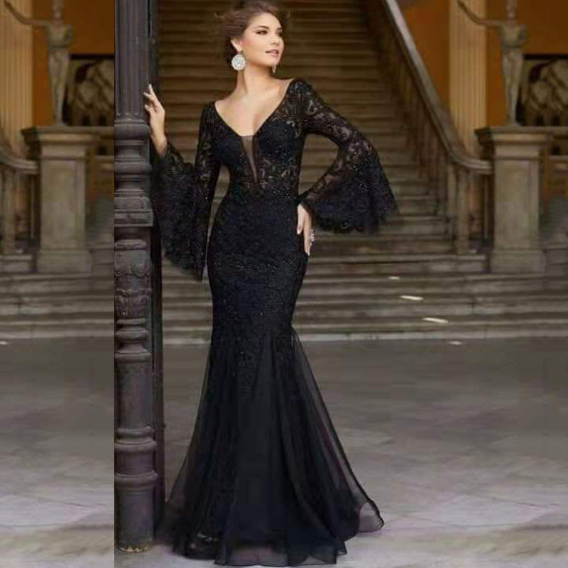 2024 Spring/Summer Cross-Border New Arrival European and American Evening Dress Noble Sexy Slim Fishtail Long Banquet Dress Dress