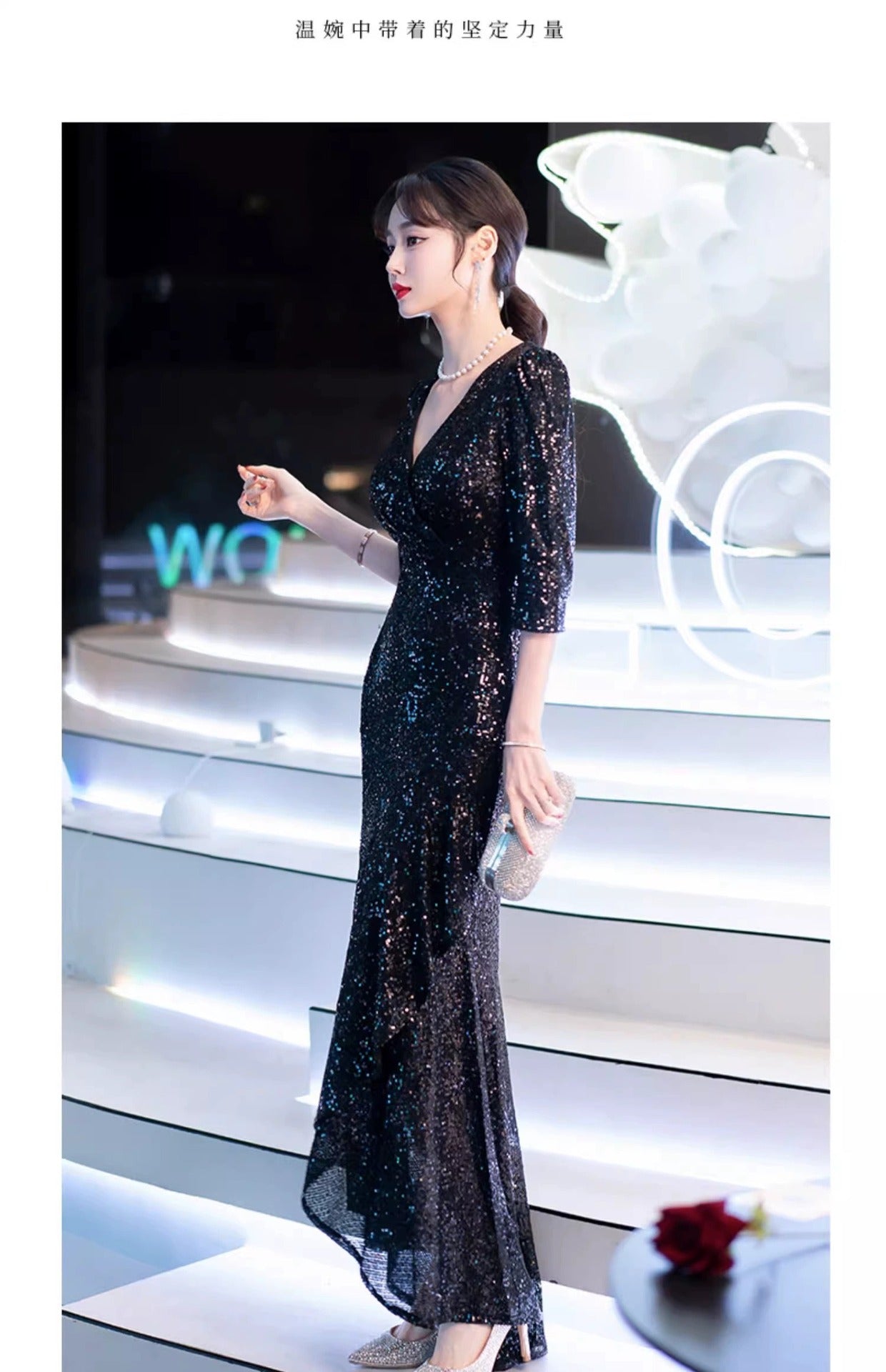 Black Evening Dress High-End Affordable Luxury Niche Female 2024 New Host Birthday Banquet Sequined Fishtail Dress Autumn