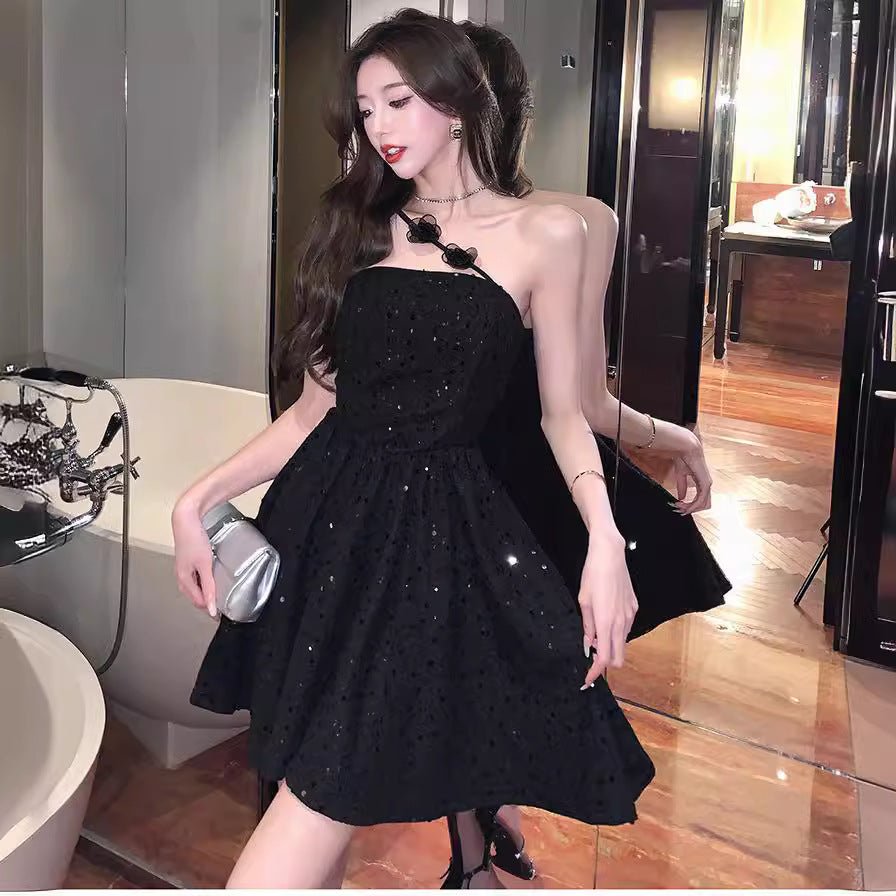 6155 Cross-Border in Stock 2024 New Sweet Lady Heavy Craft Sequin Slim Fit Bandeau One-Shoulder Dress Dress