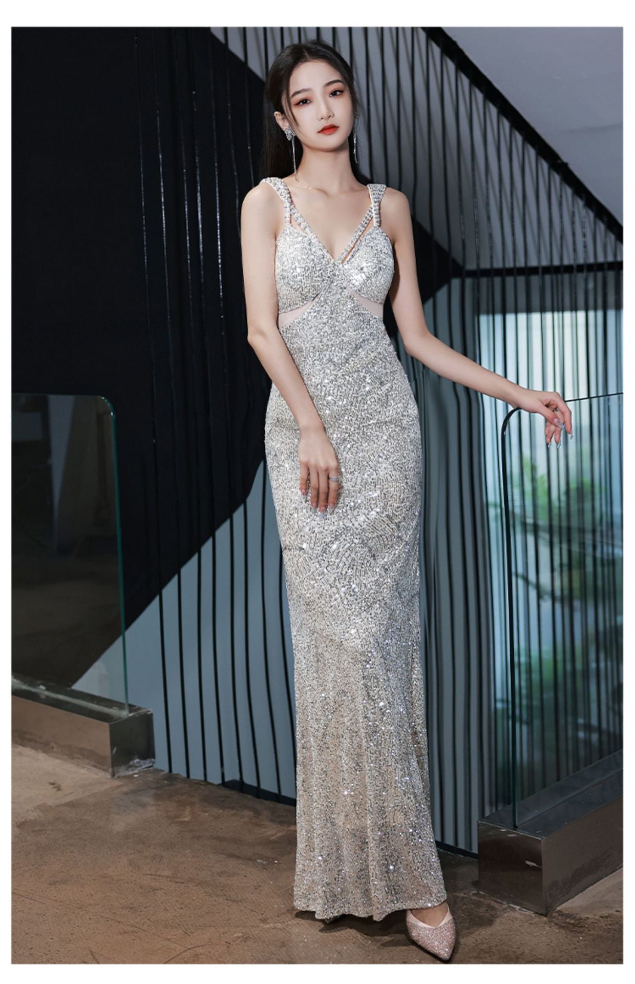 Silver Suspender Evening Dress Bridesmaid Dress Toast Dress V-neck Slimming Dress Banquet Sheath Dress Long Dress