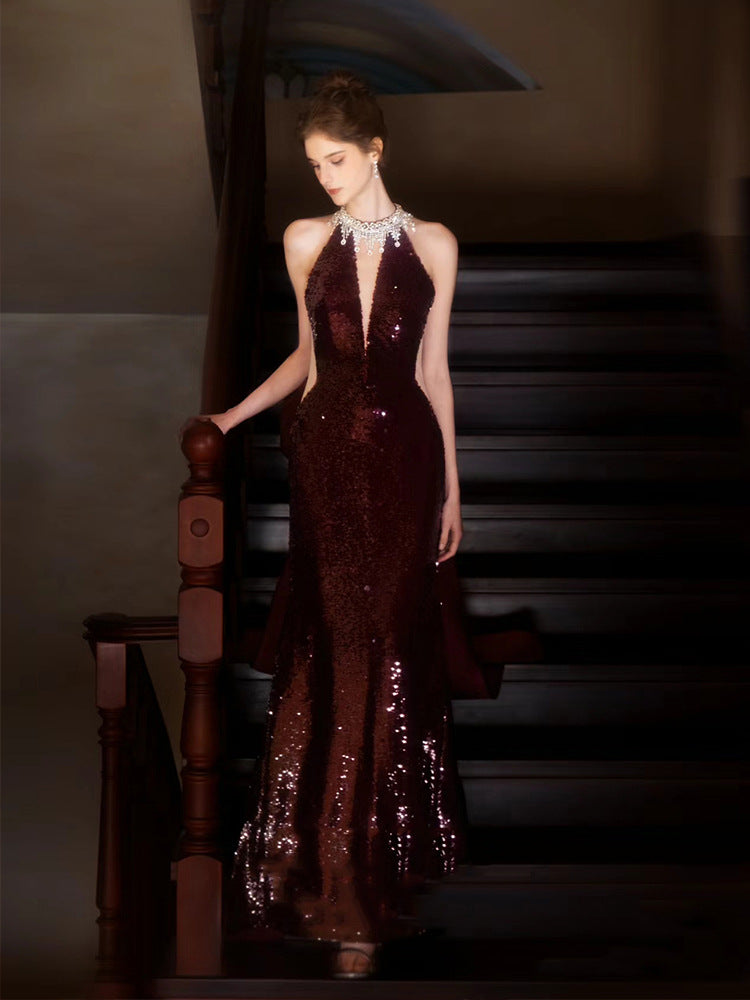 TOAST Clothing 2024 New High Sense Wine Red Bride Engagement Formal Dress Banquet Temperament Host Evening Dress Women