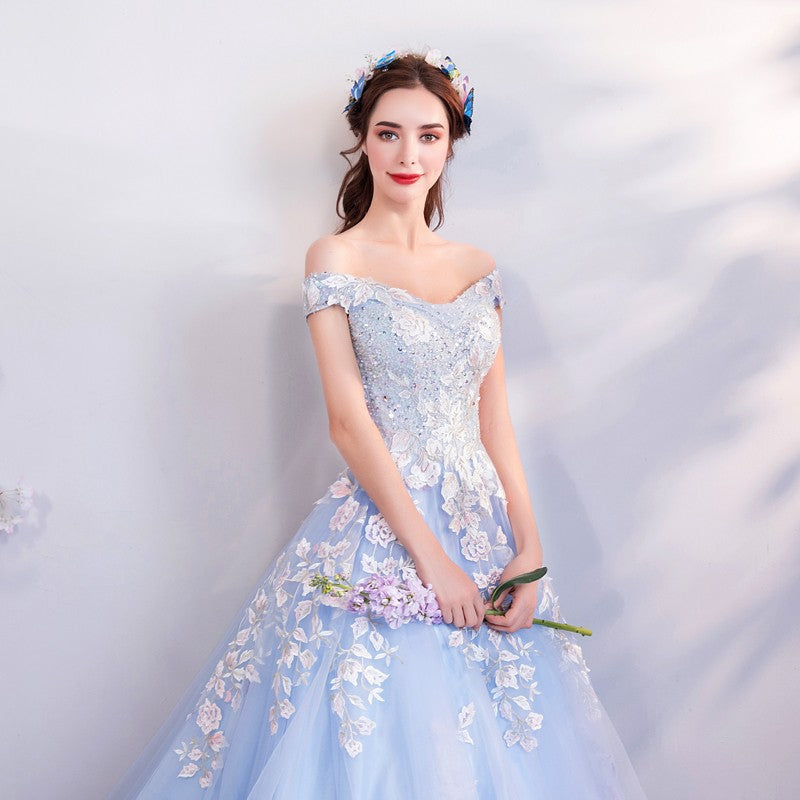 Super Fairy Wedding Dress 2024 Autumn Blue Flower Art Exam Catwalk Fashion Trend Foreign Trade Banquet Evening Dress for Women