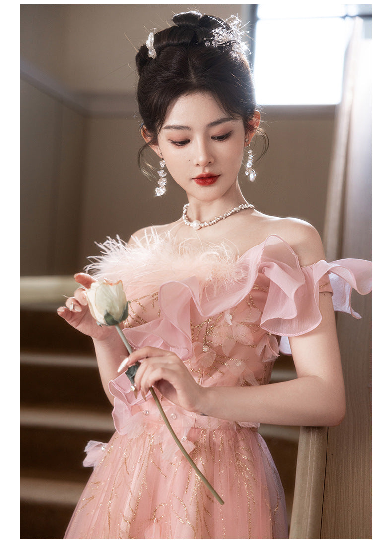 off-Shoulder Evening Dress Female Banquet Temperament Socialite High-End Affordable Luxury Niche Host Engagement High-Grade Pink