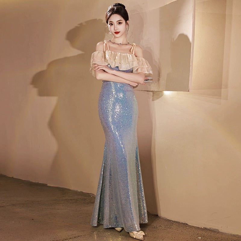 off-Shoulder Blue Mermaid Evening Dress 2024 New Engagement Wedding Bride Toast Dress Host Fish Tail Figure Flattering