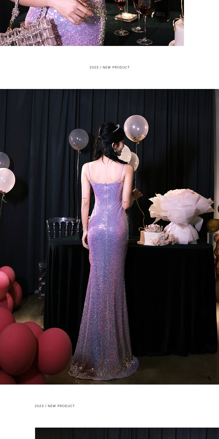 High Sense Banquet Temperament Light Luxury Minority Host Adult Lady like Woman Temperament Sexy Waist Trimming Sheath Fishtail Evening Dress