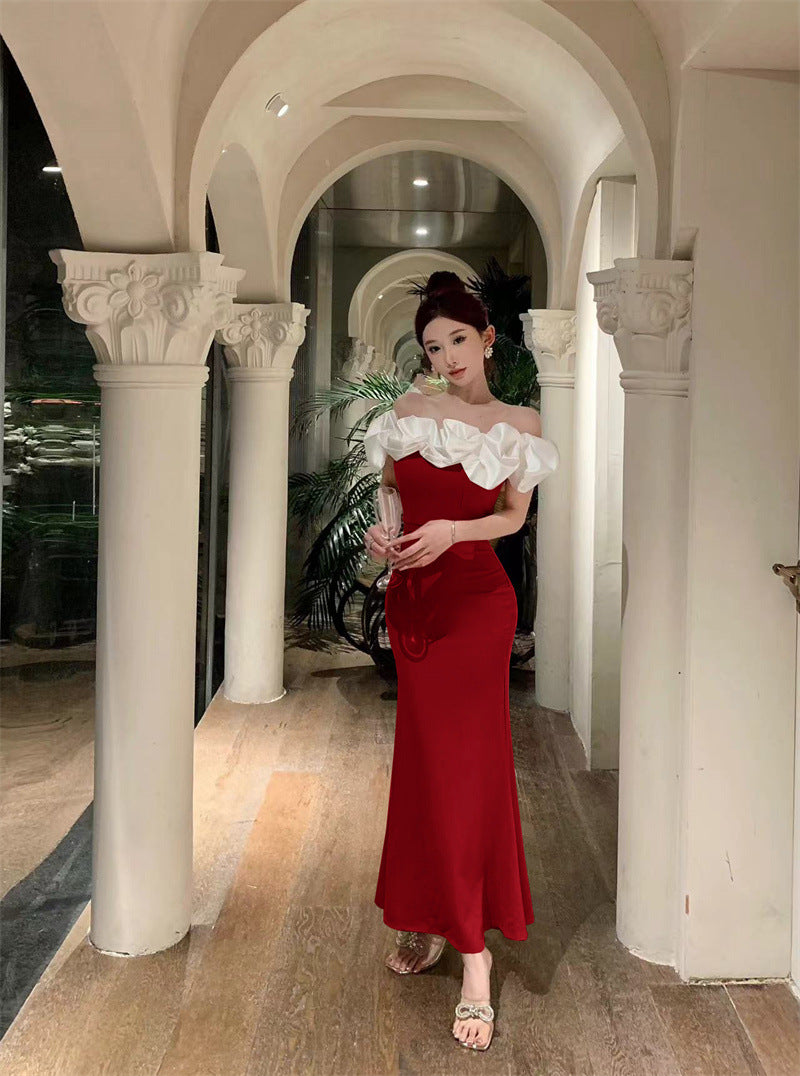 2883 Cross-Border Foreign Trade Women's Clothing Wholesale Southeast Asia off-Shoulder Contrast Color Evening Dress Temperament Slimming Fishtail Dress