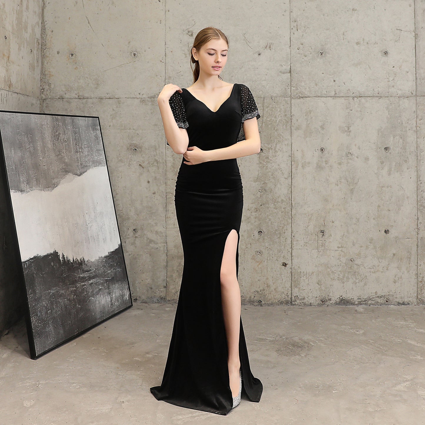 18110# Velvet Sequin Rhinestone Fishtail Banquet Elegant Graceful Annual Meeting Host Car Model Party Formal Dress Female Winter