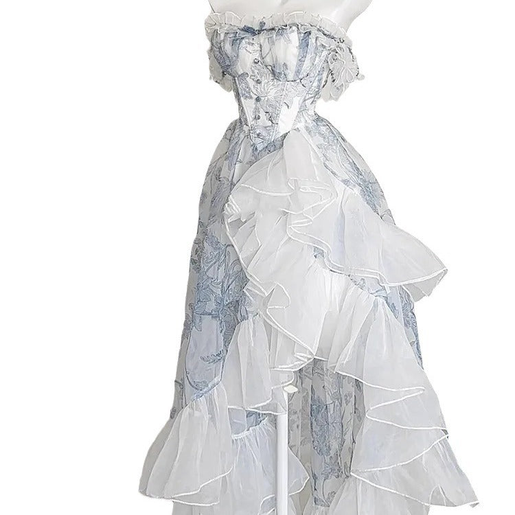 French Blue Floral Strapless Dress Women's Summer Princess Vintage Vintage Lolita Dress