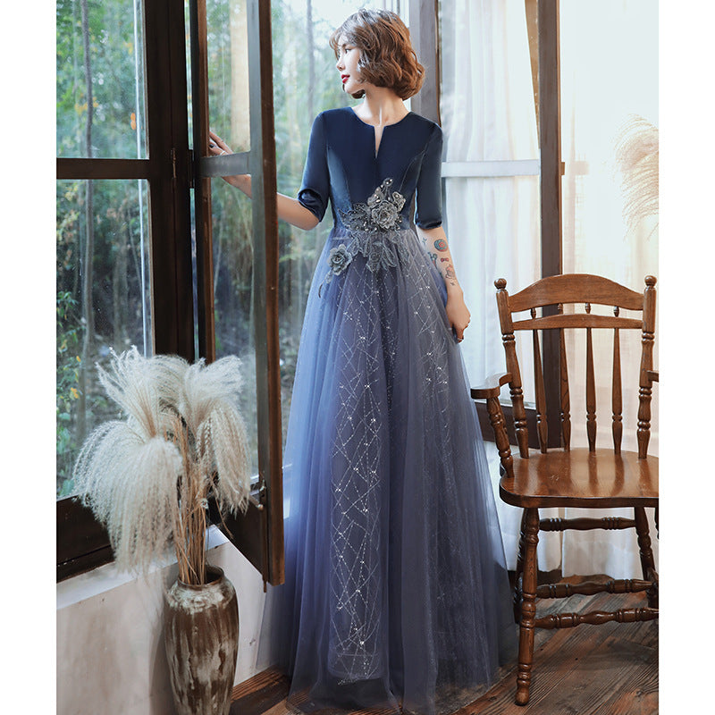 Evening Dress Party Dinner Gown Women's Banquet Elegant Solo Performance Host Art Exam Velvet Long Dress H9223