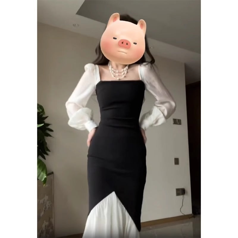 French Square Collar Color Contrast Patchwork Dress Women's Elegant Early Spring and Autumn New Slim Fit High Waist Fishtail Long Skirt Fashion