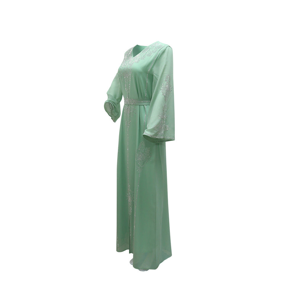 Xqy500176 Saudi Arabia Dubai Fashion Rhinestone Dress Summer Chiffon Robe Middle East Women's Dress