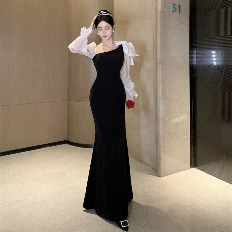 Niche Design Oblique Shoulder Bow Dress Skirt 2024 Autumn New Women's High Sense Banquet Slim Fit Dress