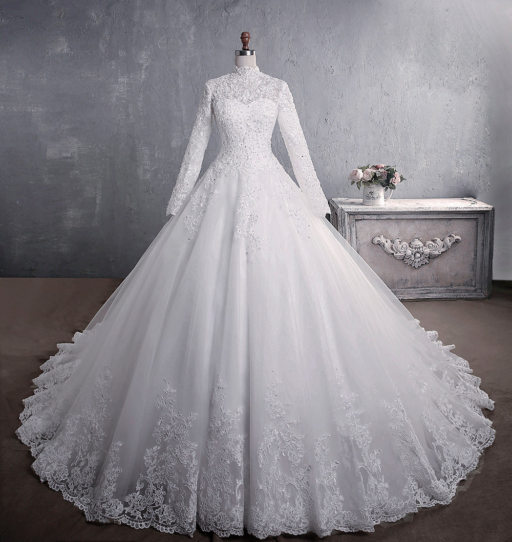 Wedding Dress Long Sleeve Muslimah Lace Bridal Stand Collar Large Tail Dinner Dresses Evening Ball Muslim Bride Gown H900