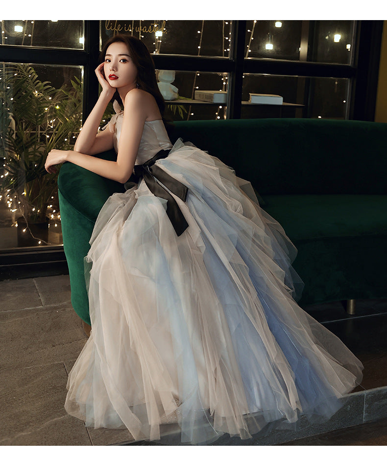 Annual Party Evening Dress Women's 2024 Belt Oblique Shoulder Design Socialite Host Dress Temperament Piano Performance Dress