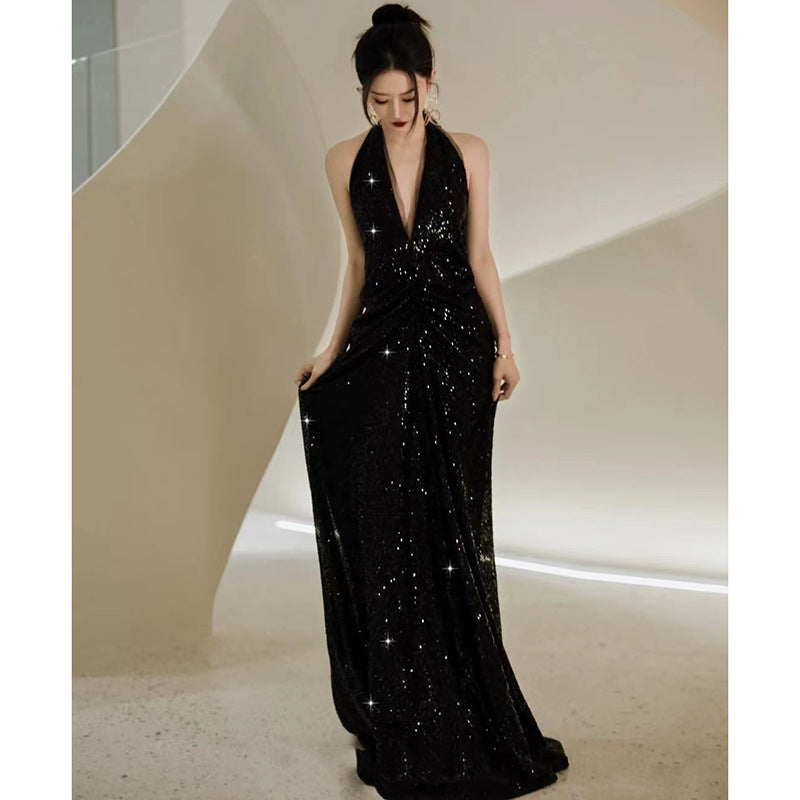 Black High-End Evening Dress 2024 New Sequined Light Luxury Minority European and American Annual Meeting Deep V-neck Elegant Host Dress for Women