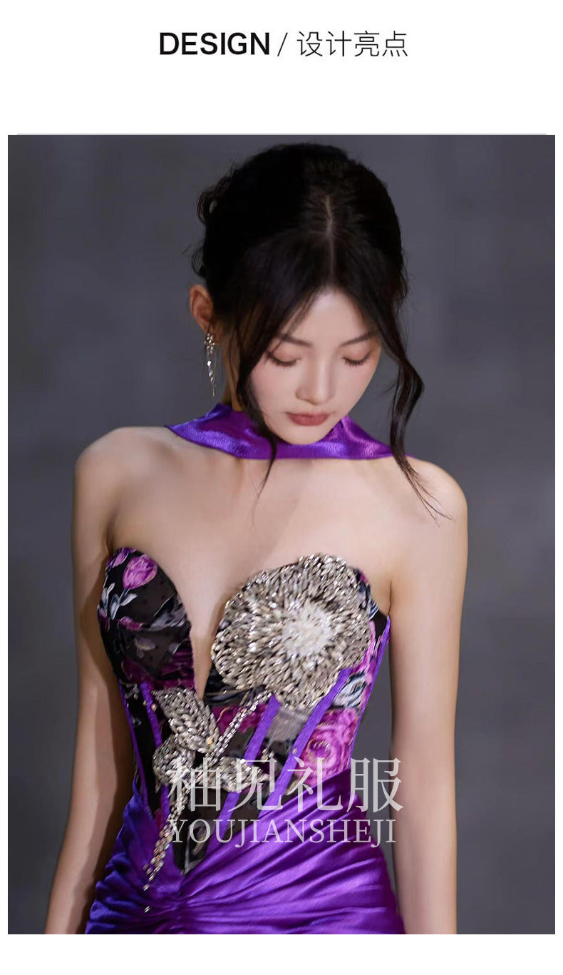 New Chinese Style Morning Gowns Women's 2024 New Design Sense Niche Bride Engagement Skirt Small Size in Purple Trailing Tube Top Toast Clothing