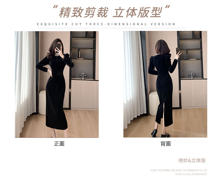 Black Dress High-End Dress Long Light Luxury Beads Rhinestones Long Sleeve Velvet Dress Autumn and Winter Annual Party Banquet Evening Wear