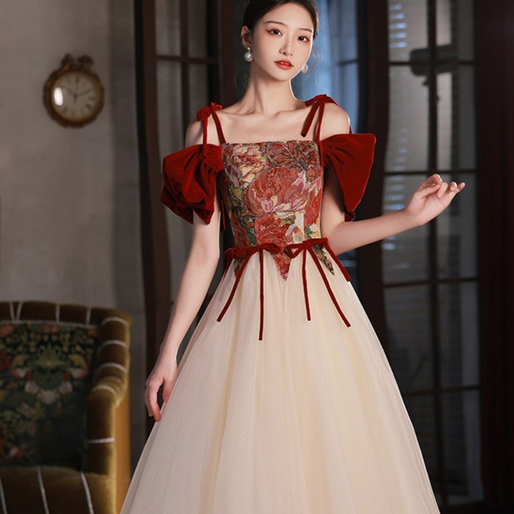 Ball gown Bridal High-End off-Shoulder Red Evening Dress for Court Banquet Engagement Princess Pettiskirt H909P02