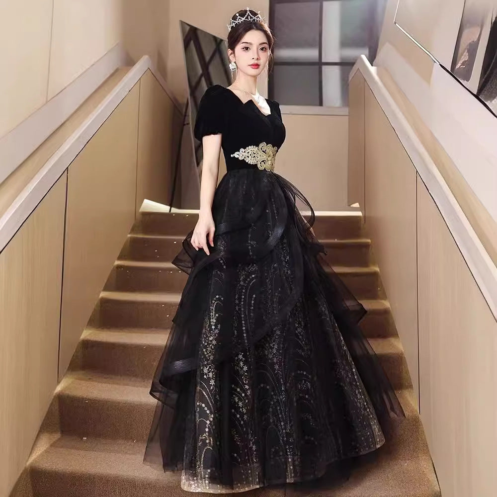 Black Evening Dress French Style High Sense 18-Year-Old Adult Ceremony Small Size Dress Banquet Host 2024 New