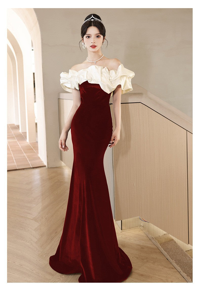 Beautiful off-Shoulder Evening Dress for Women 2024 New High-Grade Light Luxury Minority Banquet Host Elegant Fishtail Dress