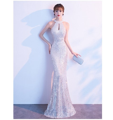 Spring and Summer Silver Evening Dress for Women 2024 New Niche Temperament Ladies Annual Meeting Host Fishtail Dress Evening Dress Wholesale