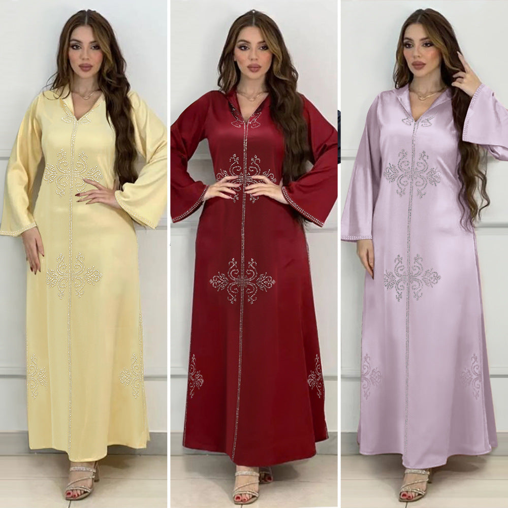 Xqy500157 Middle East Abaya Ethnic Style Dress Hooded Robe Fashion Diamond-Embedded Slits Lower Hem Dress