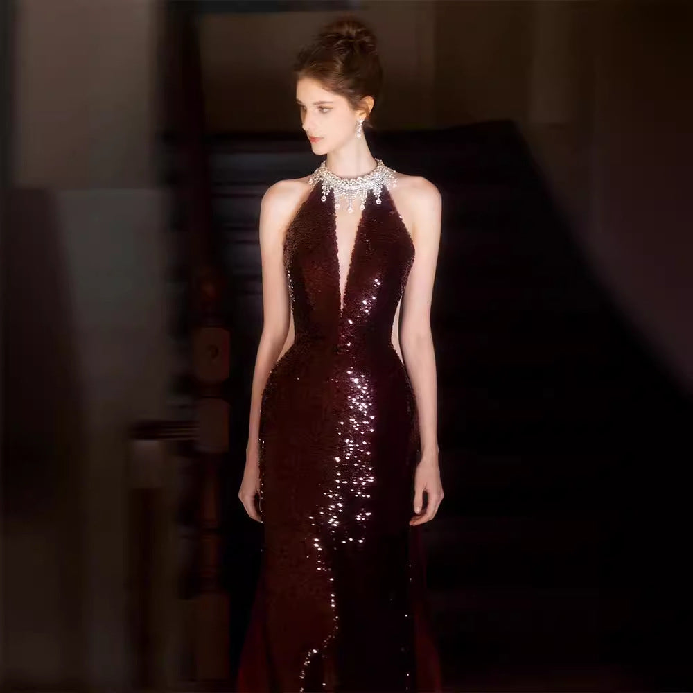 Sequined Toast Dress for Bride Wine Red Engagement Banquet Temperament Long Halter-Style Heavy Work Fishtail Evening Dress for Women