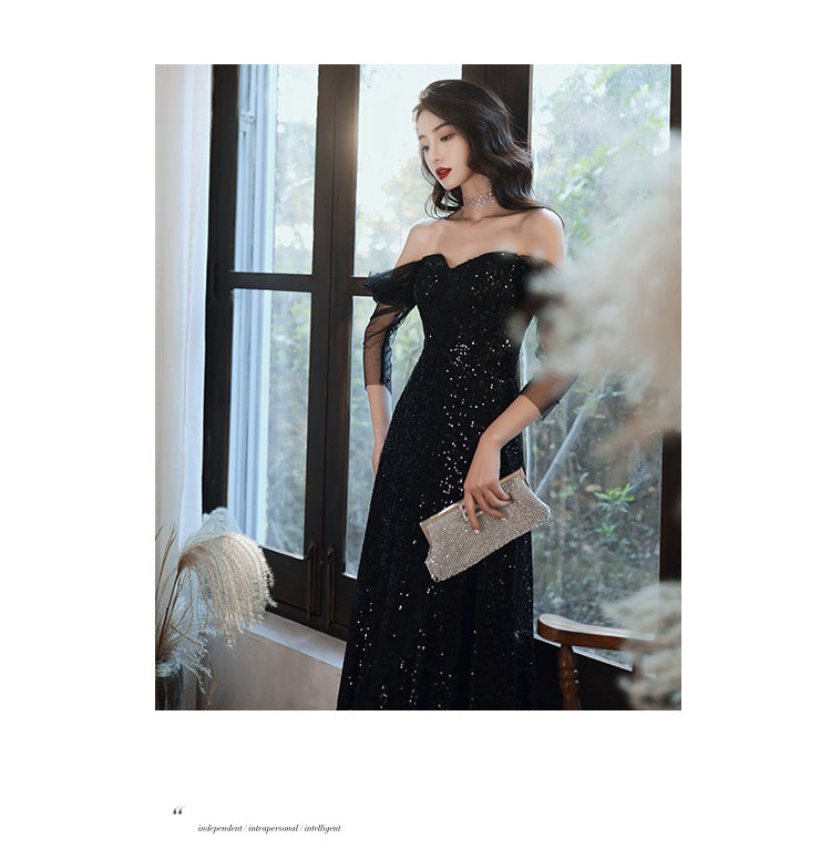 Black Evening Dress Host French Style 2024 New Women's Banquet Temperament Daily Style Slimming Queen Dress