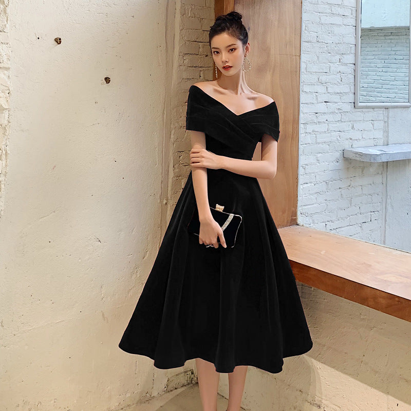 Bridal Toast Clothing Velvet 2024 New High-Grade off-Shoulder Banquet Temperament Engagement License Host Evening Dress