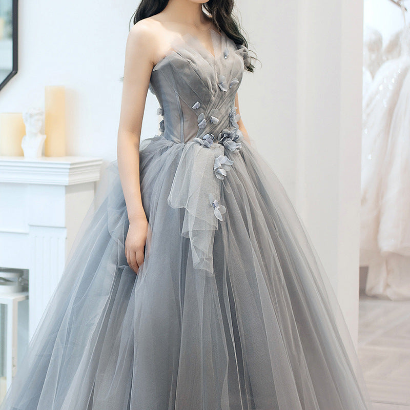 Elegant Gown Evening Dress Long Art Exam Vocal Music Host Pettiskirt Costume Grey Dresses HJ2203